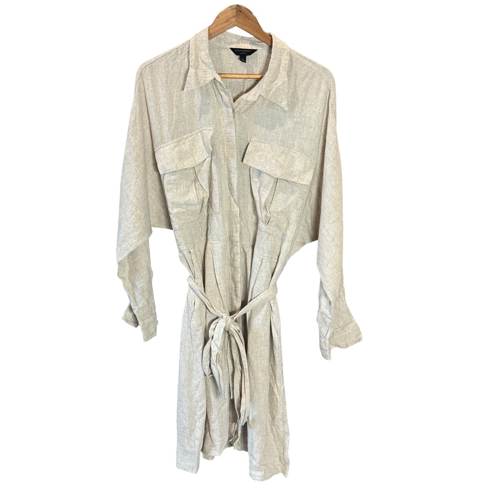 Banana Republic Factory Oat Linen Blend Utility Shirt Dress Belted Midi Large